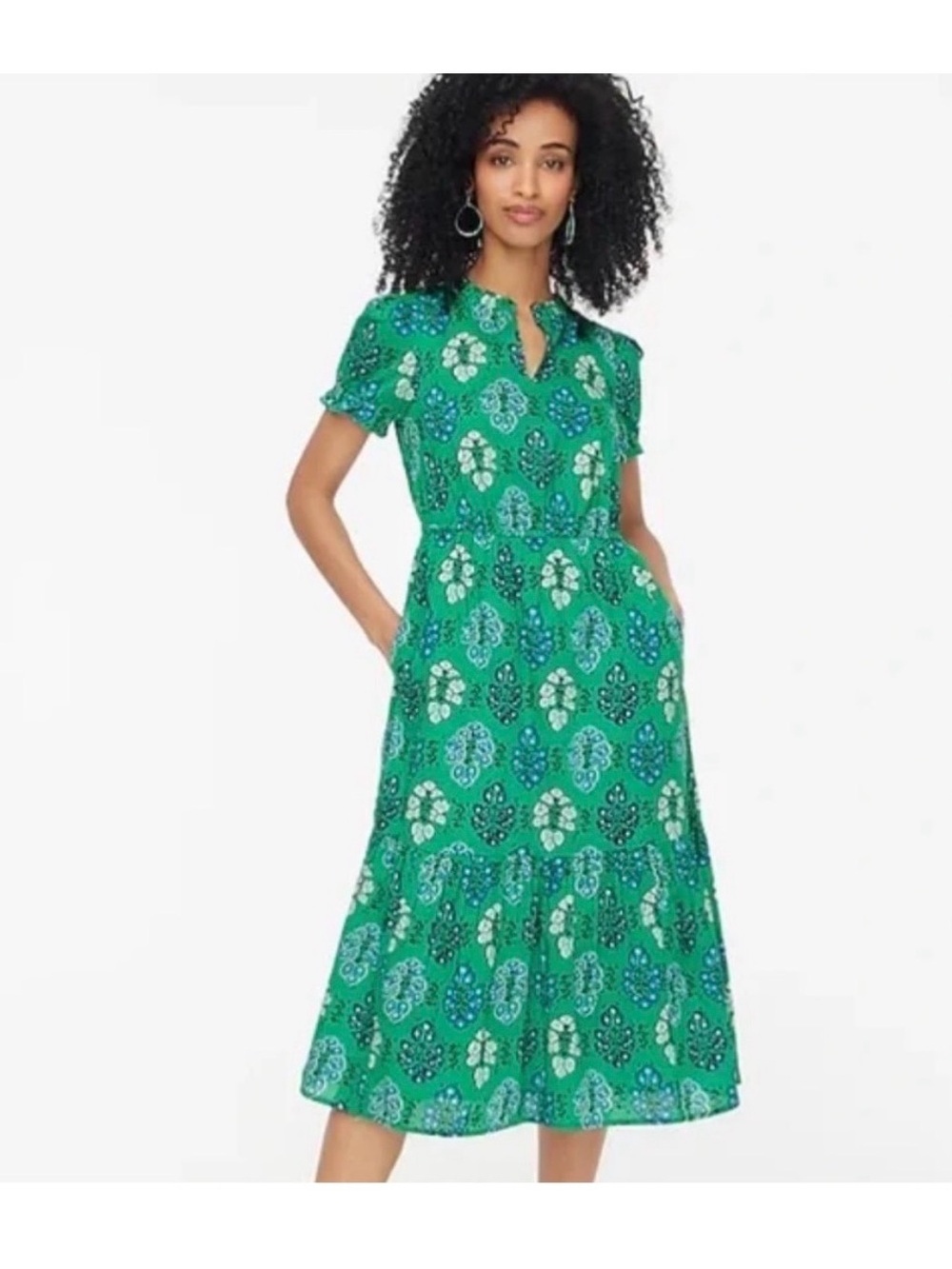 J. Crew Factory Green Printed Short-Sleeve Midi Dress